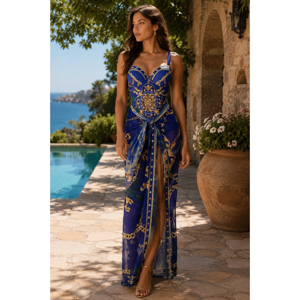 Ladies Blue Gold Swimsuit and Cover Up Sarong Tropical XL One Piece Bathing Suit - Picture 1 of 9